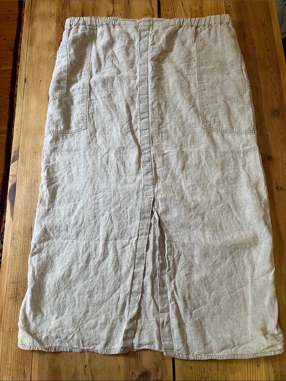 FLAX Jeanne Engelhart L Natural Midi Skirt Center Slit 100% Linen Lagenlook